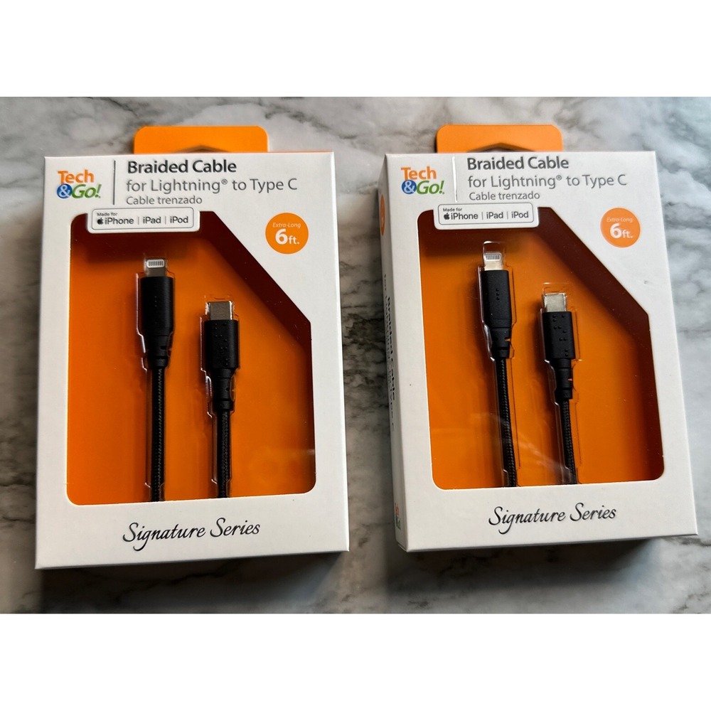 2-PACK‎ Tech & Go 6 Ft. Braided Cable Lightning to Type-C in Black